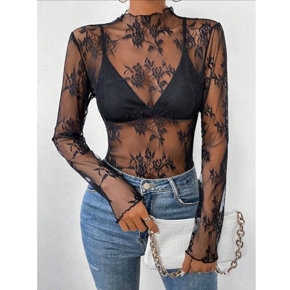 Black Lace Sheer Long Sleeve Top